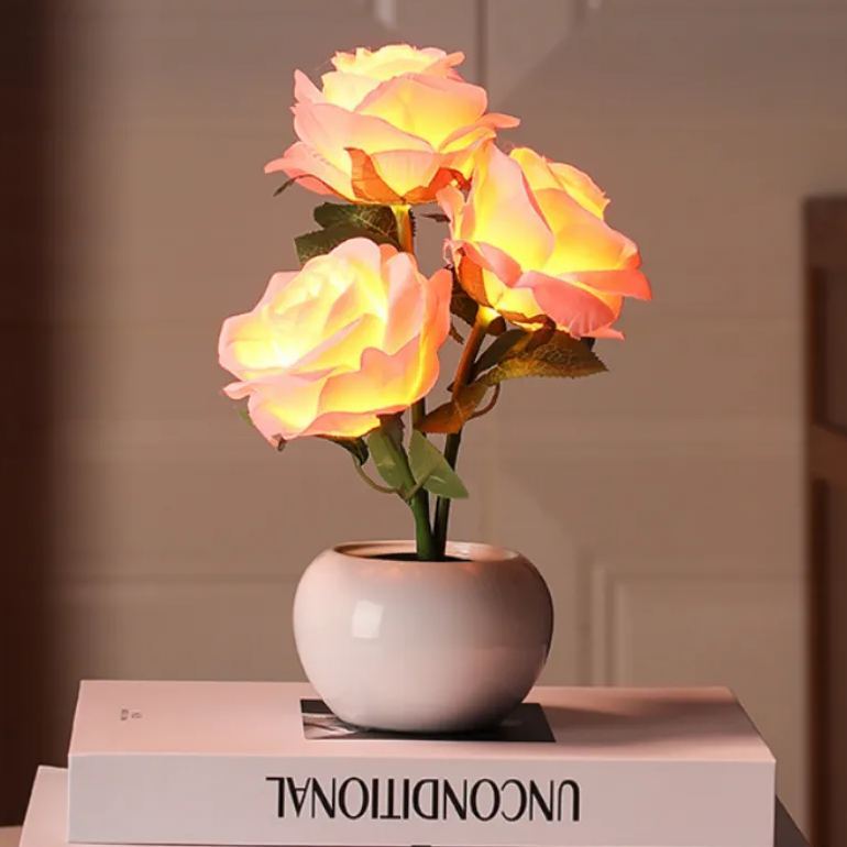 Artificial Rose Ambient Light  PU Rose Flower Table Lamp with Ceramic Pot, Romantic Decorative Night Light for Bedroom Desk