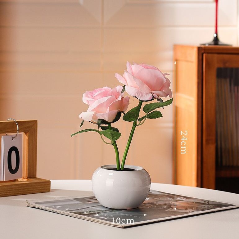 Artificial Rose Ambient Light  PU Rose Flower Table Lamp with Ceramic Pot, Romantic Decorative Night Light for Bedroom Desk