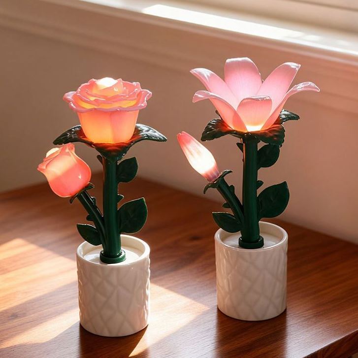 Creative Brick Flower Night Light | Tulip / Rose / Freesia Decorative Lamp | Warm White Ambient Light | Electronic Candle Styl