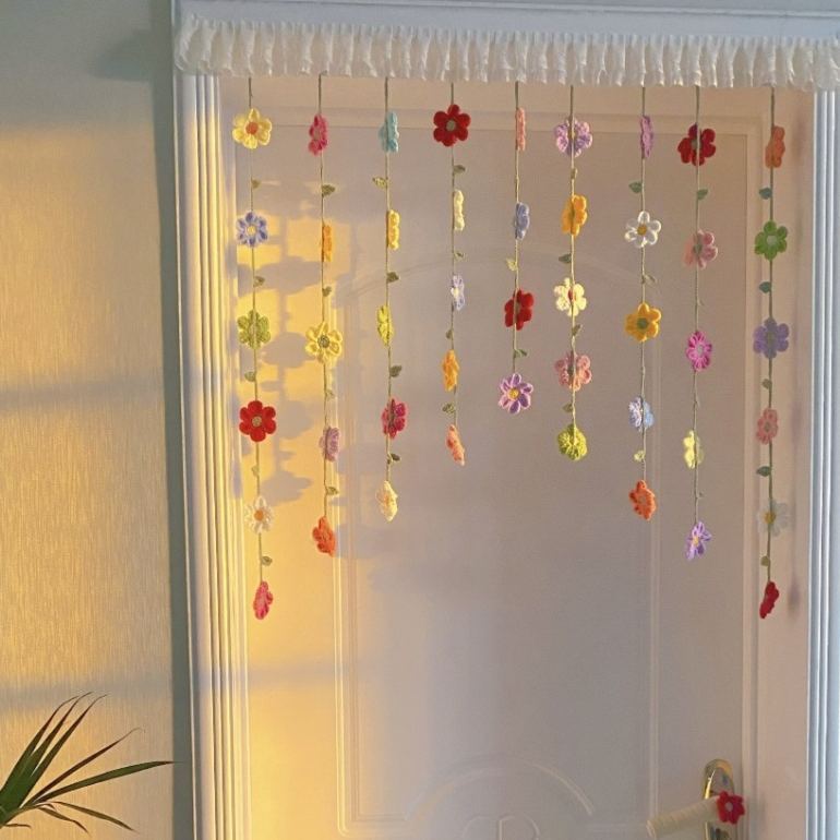 Handmade Crochet Flower Curtain | Lily of the Valley Door Hanging | Boho Floral String Curtain for Bedroom Decor
