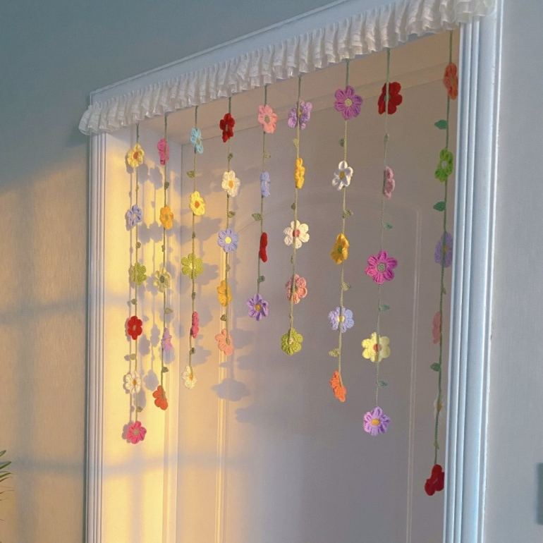 Handmade Crochet Flower Curtain | Lily of the Valley Door Hanging | Boho Floral String Curtain for Bedroom Decor