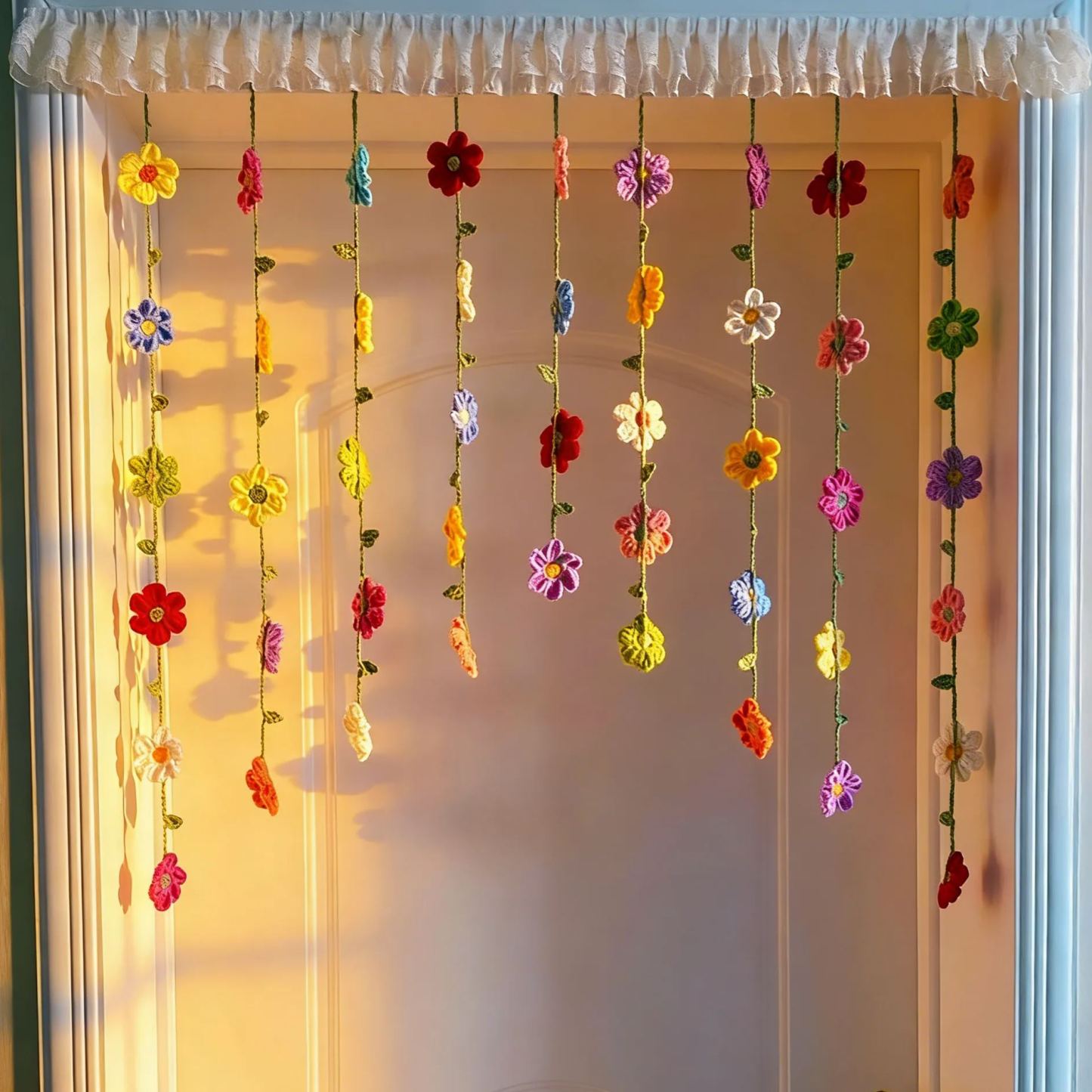 Handmade Crochet Flower Curtain | Lily of the Valley Door Hanging | Boho Floral String Curtain for Bedroom Decor