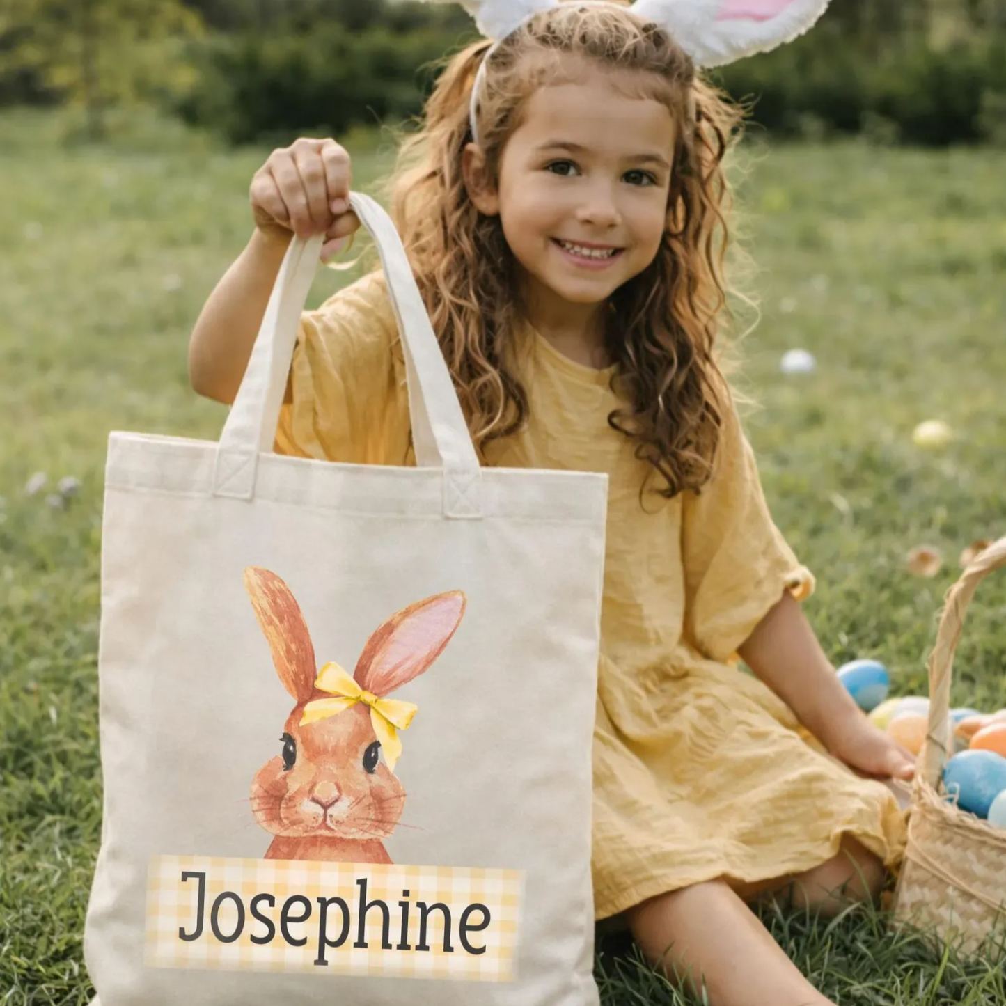 Personalized Easter Bunny Bag, Custom Kids Easter Tote, Vintage Canvas Easter Egg Hunt Basket, Easter Gift for Kid