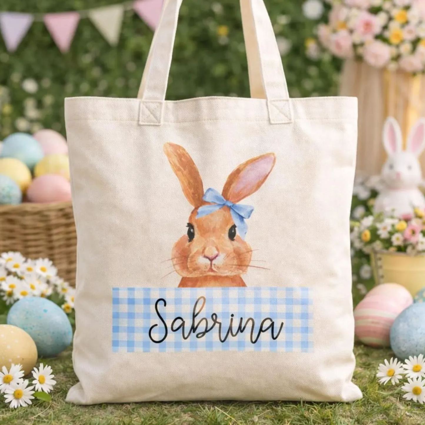 Personalized Easter Bunny Bag, Custom Kids Easter Tote, Vintage Canvas Easter Egg Hunt Basket, Easter Gift for Kid