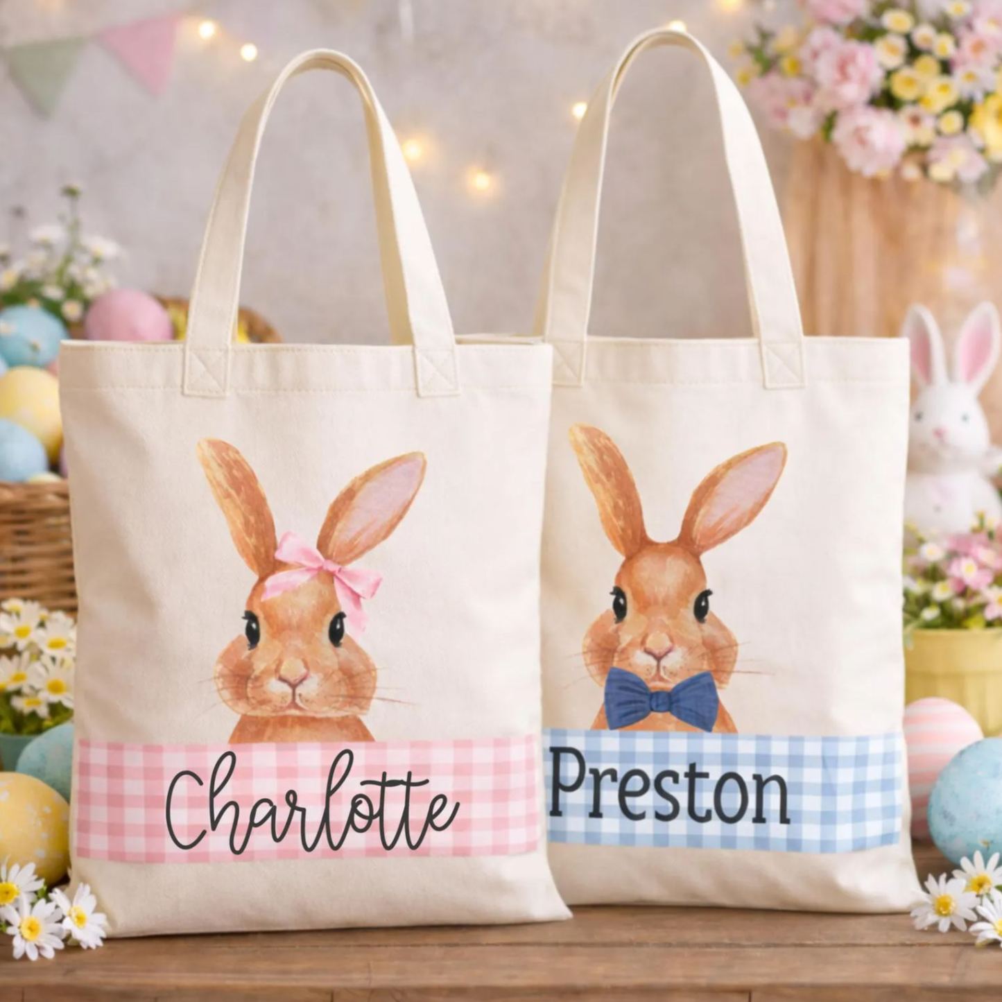 Personalized Easter Bunny Bag, Custom Kids Easter Tote, Vintage Canvas Easter Egg Hunt Basket, Easter Gift for Kid