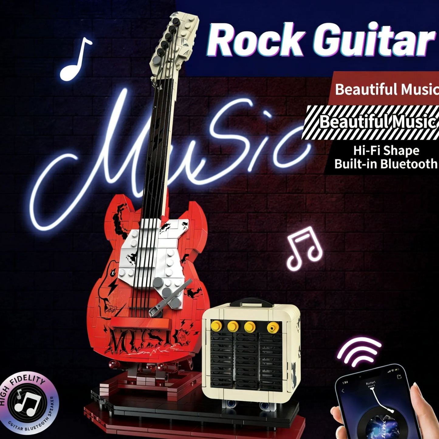 Electric Guitar Building Block Set with Bluetooth Speaker | Creative Music DIY Gift for Adults & Kids