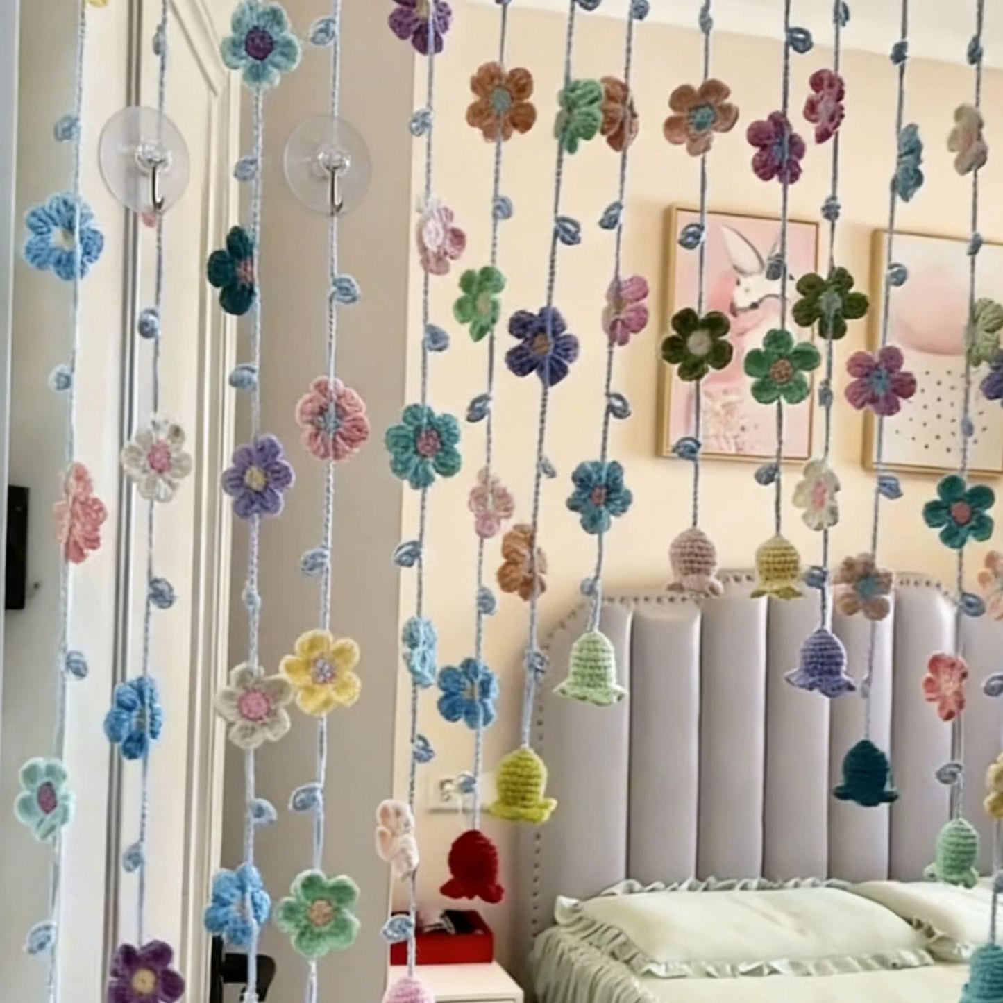 Ready-to-Hang Handmade Crochet Flower Curtain | Lily of the Valley Door Hanging | Boho Floral String Curtain for Bedroom Decor