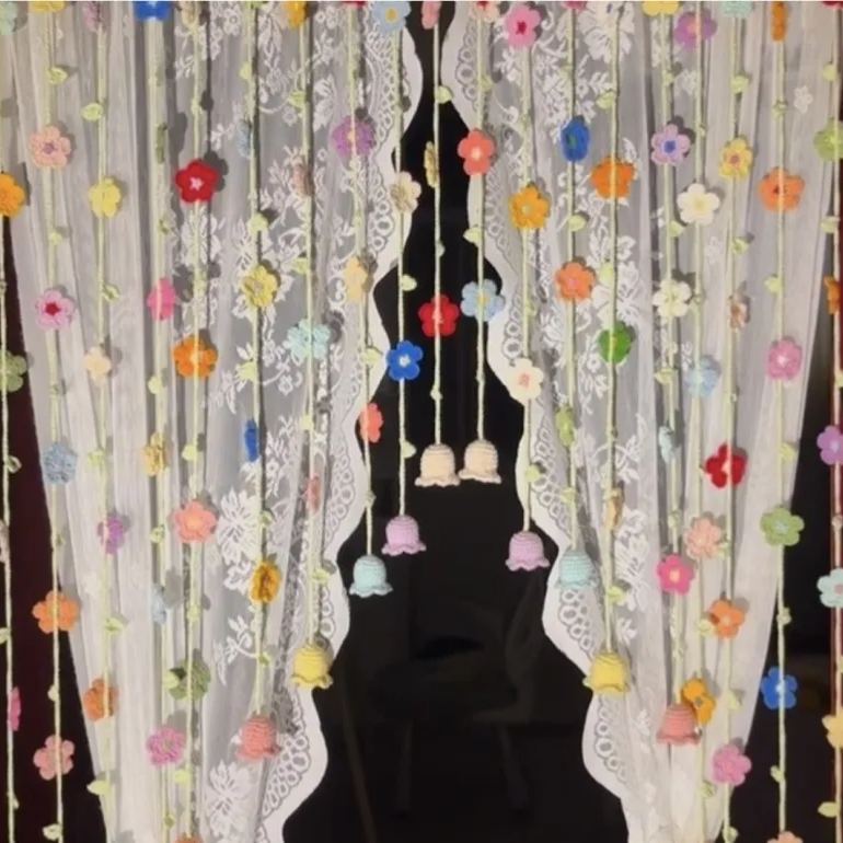 Ready-to-Hang Handmade Crochet Flower Curtain | Lily of the Valley Door Hanging | Boho Floral String Curtain for Bedroom Decor