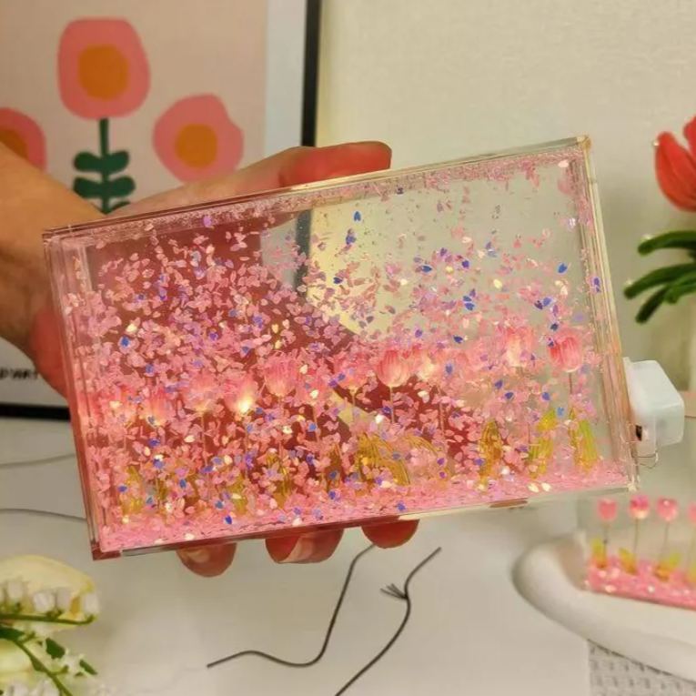 DIY Floating Petal Tulip Night Light – Romantic Acrylic Sandscape Lamp with LED Glow, Handmade Decorative Desk Light Gift for Women & Home Decor