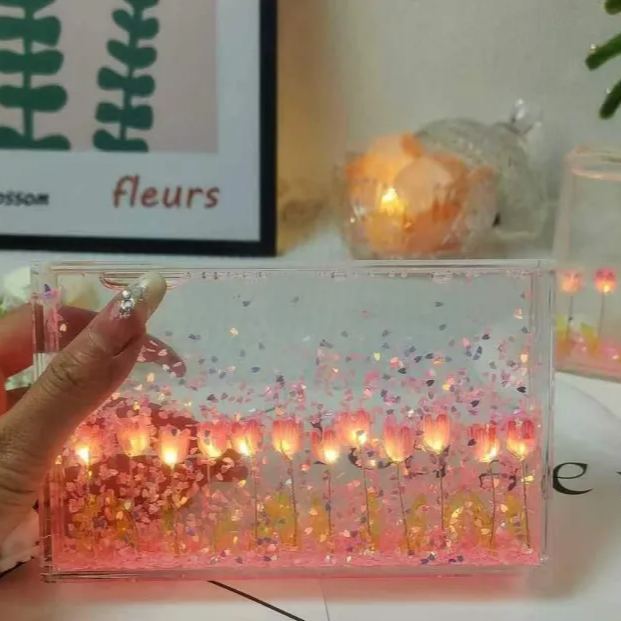 DIY Floating Petal Tulip Night Light – Romantic Acrylic Sandscape Lamp with LED Glow, Handmade Decorative Desk Light Gift for Women & Home Decor
