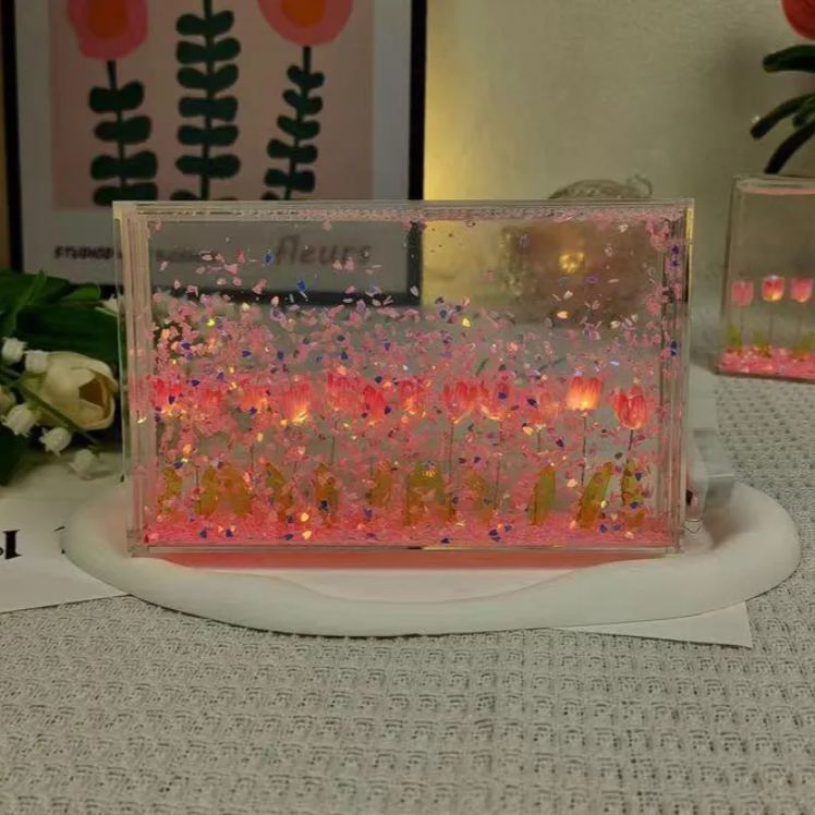 DIY Floating Petal Tulip Night Light – Romantic Acrylic Sandscape Lamp with LED Glow, Handmade Decorative Desk Light Gift for Women & Home Decor