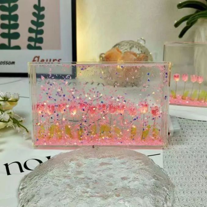 DIY Floating Petal Tulip Night Light – Romantic Acrylic Sandscape Lamp with LED Glow, Handmade Decorative Desk Light Gift for Women & Home Decor