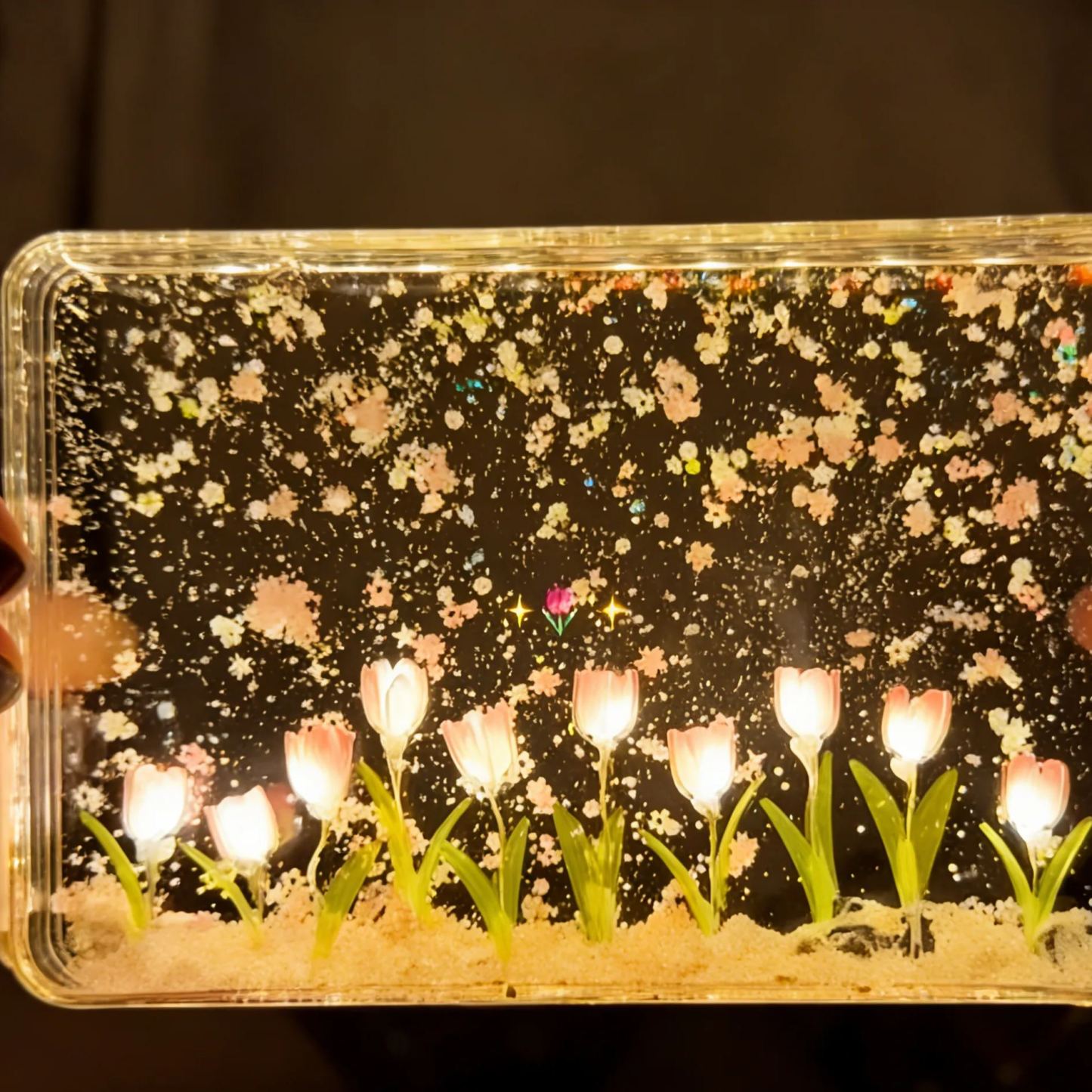 DIY Floating Petal Tulip Night Light – Romantic Acrylic Sandscape Lamp with LED Glow, Handmade Decorative Desk Light Gift for Women & Home Decor