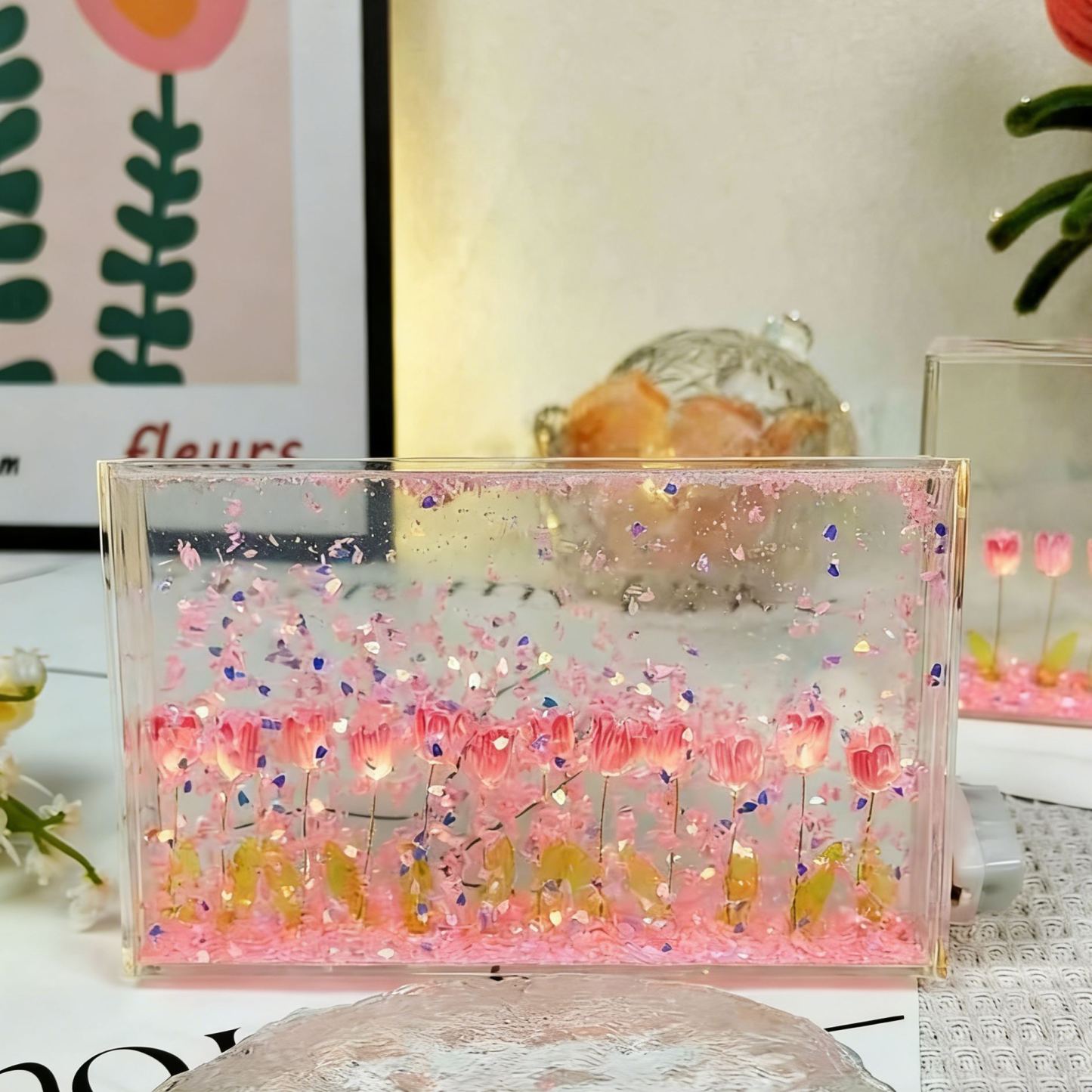 DIY Floating Petal Tulip Night Light – Romantic Acrylic Sandscape Lamp with LED Glow, Handmade Decorative Desk Light Gift for Women & Home Decor