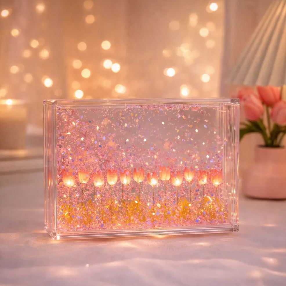 DIY Floating Petal Tulip Night Light – Romantic Acrylic Sandscape Lamp with LED Glow, Handmade Decorative Desk Light Gift for Women & Home Decor
