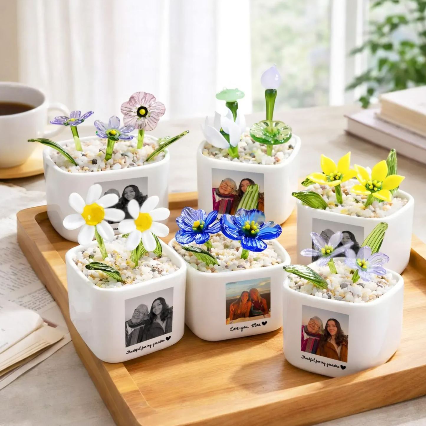 Personalized Mom Photo Glass Flower Pot, Gift for Mom, Mothers Day Gift, Hand Blown Potted Flower, Everlasting Tulips