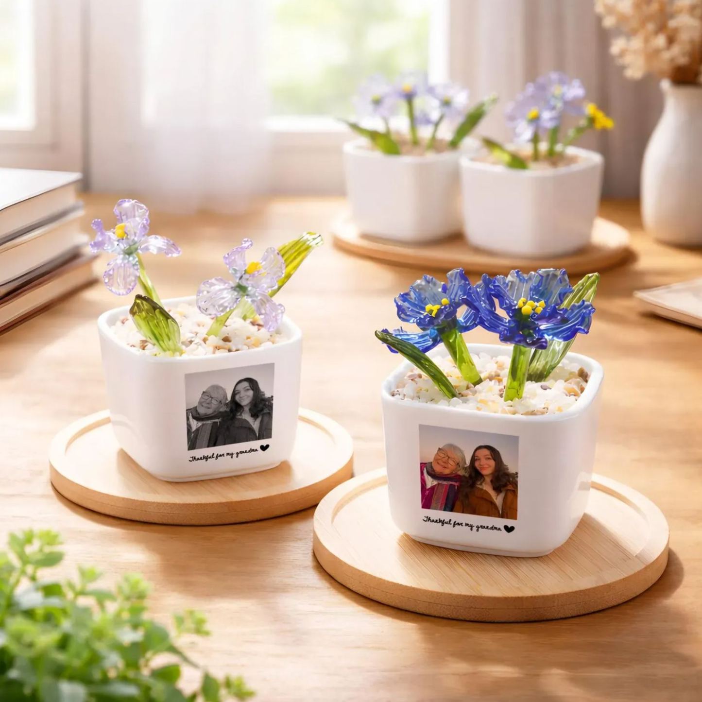 Personalized Mom Photo Glass Flower Pot, Gift for Mom, Mothers Day Gift, Hand Blown Potted Flower, Everlasting Tulips