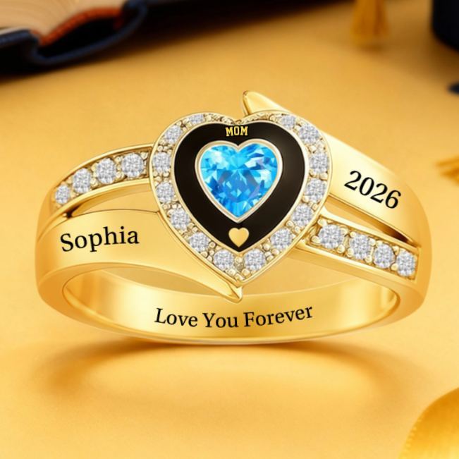 Custom Heart Birthstone Ring for Mom  Engraved Mothers Day Gift from Daughter or Son - PhotoMoonLamp