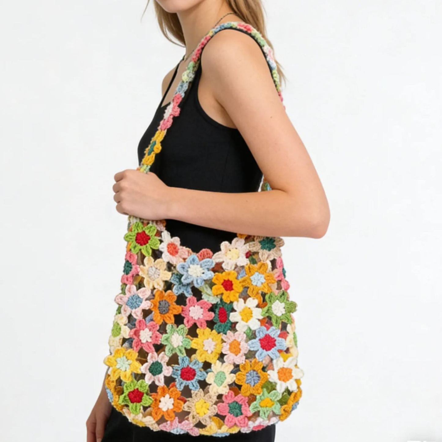 DIY Crochet Flower Shoulder Bag Kit – Handmade Knitted Granny Floral Tote, Yarn Craft Material Set, Boho Gift for Her