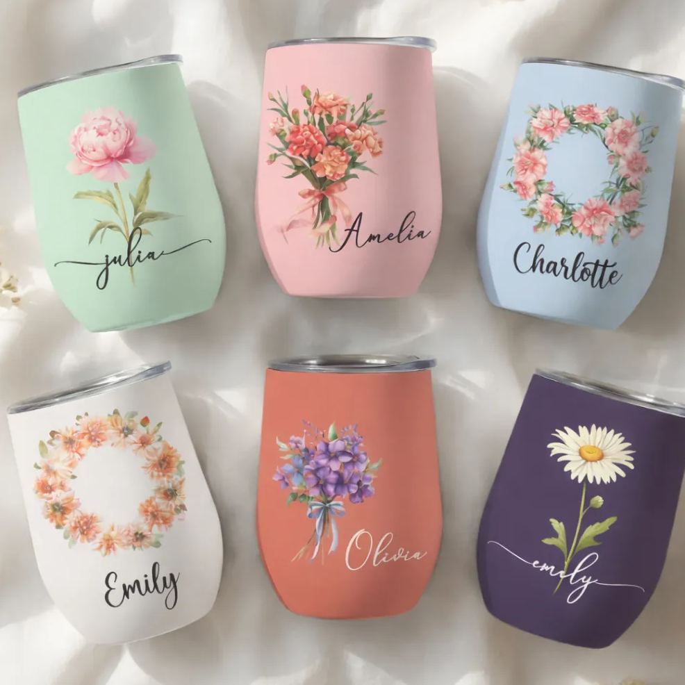 Custom Birth Flower Wine Tumbler for Her - Personalized Name Gift