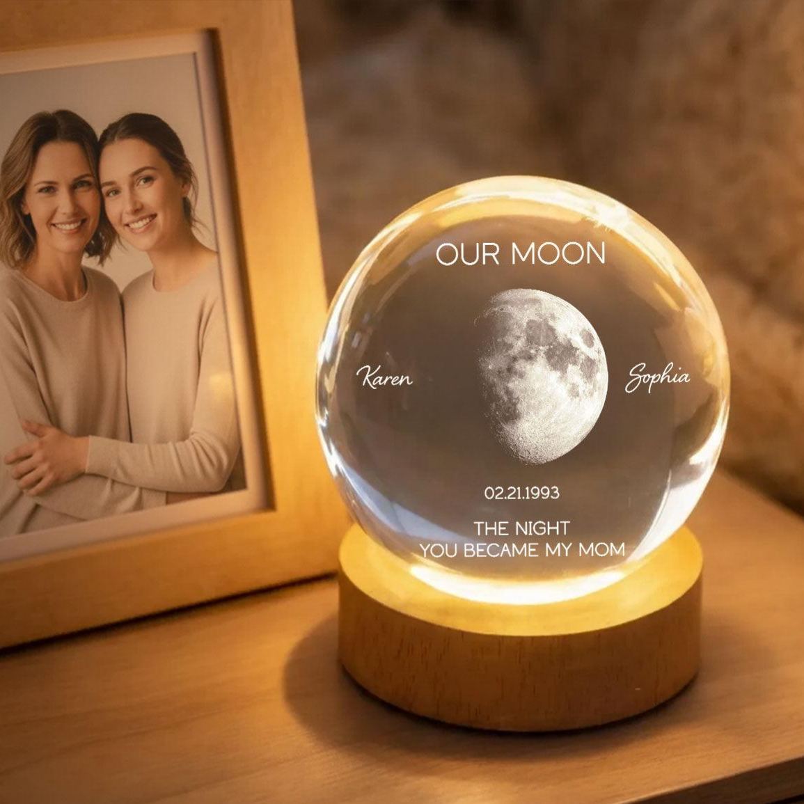 Personalized Moon Phase Crystal Ball Night Light - Custom Date Gift for Mom & Her - Unique Mother’s Day, Anniversary or Birthday Keepsake