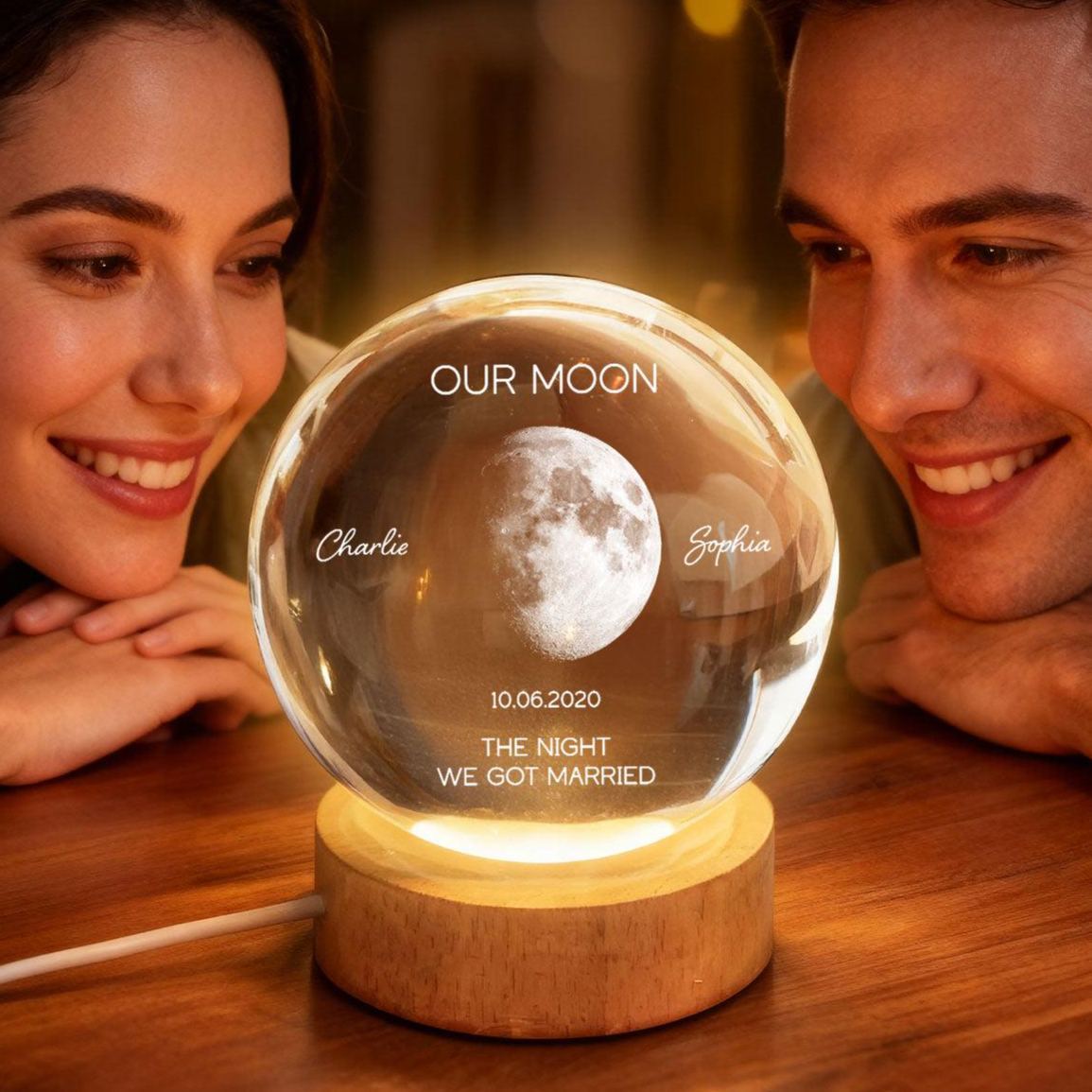 Personalized Moon Phase Crystal Ball Night Light - Custom Date Gift for Mom & Her - Unique Mother’s Day, Anniversary or Birthday Keepsake