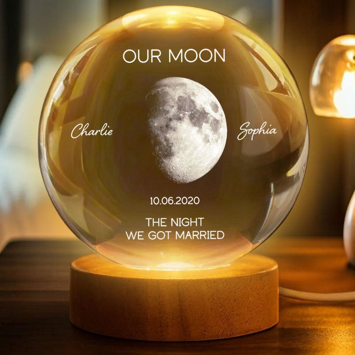 Personalized Moon Phase Crystal Ball Night Light - Custom Date Gift for Mom & Her - Unique Mother’s Day, Anniversary or Birthday Keepsake
