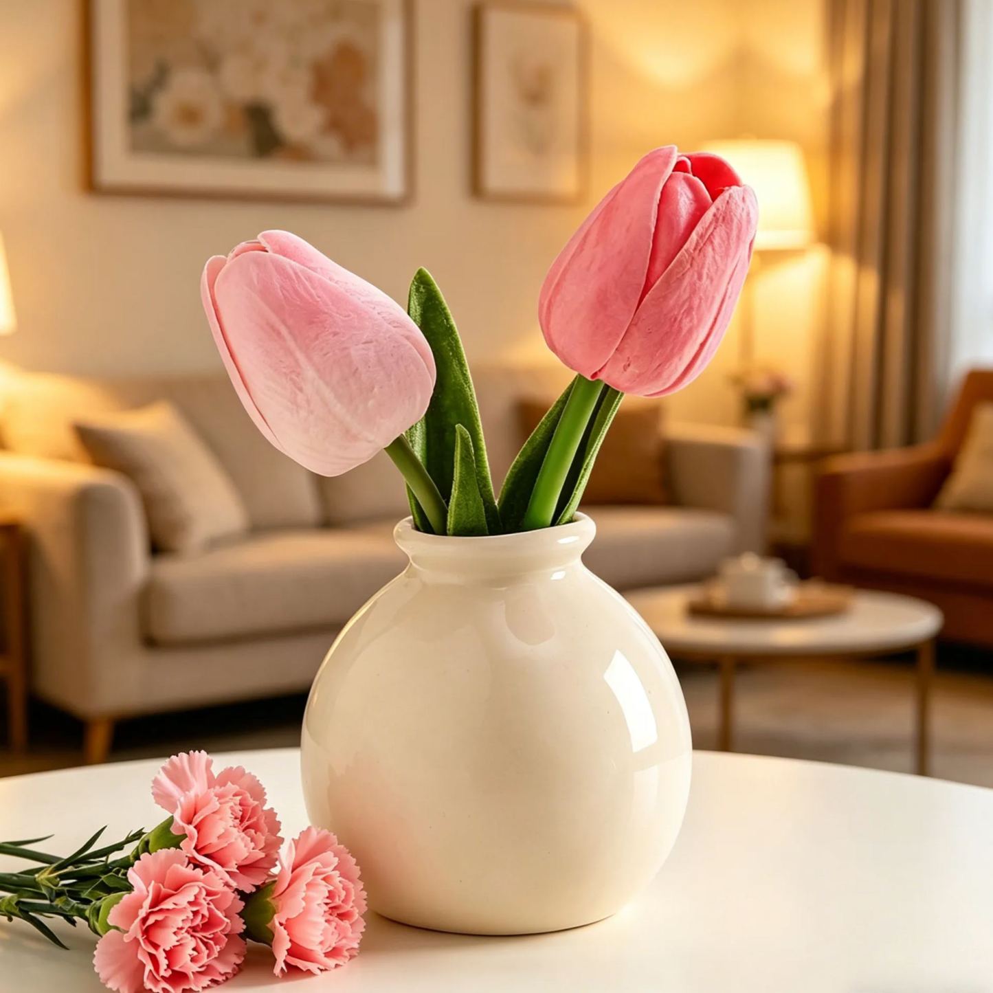 Cream Style Ceramic Mini Vase with Tulip Flowers – Aesthetic Minimalist Home Decor, Cute Small Flower Arrangement for Desk, Shelf & Gift