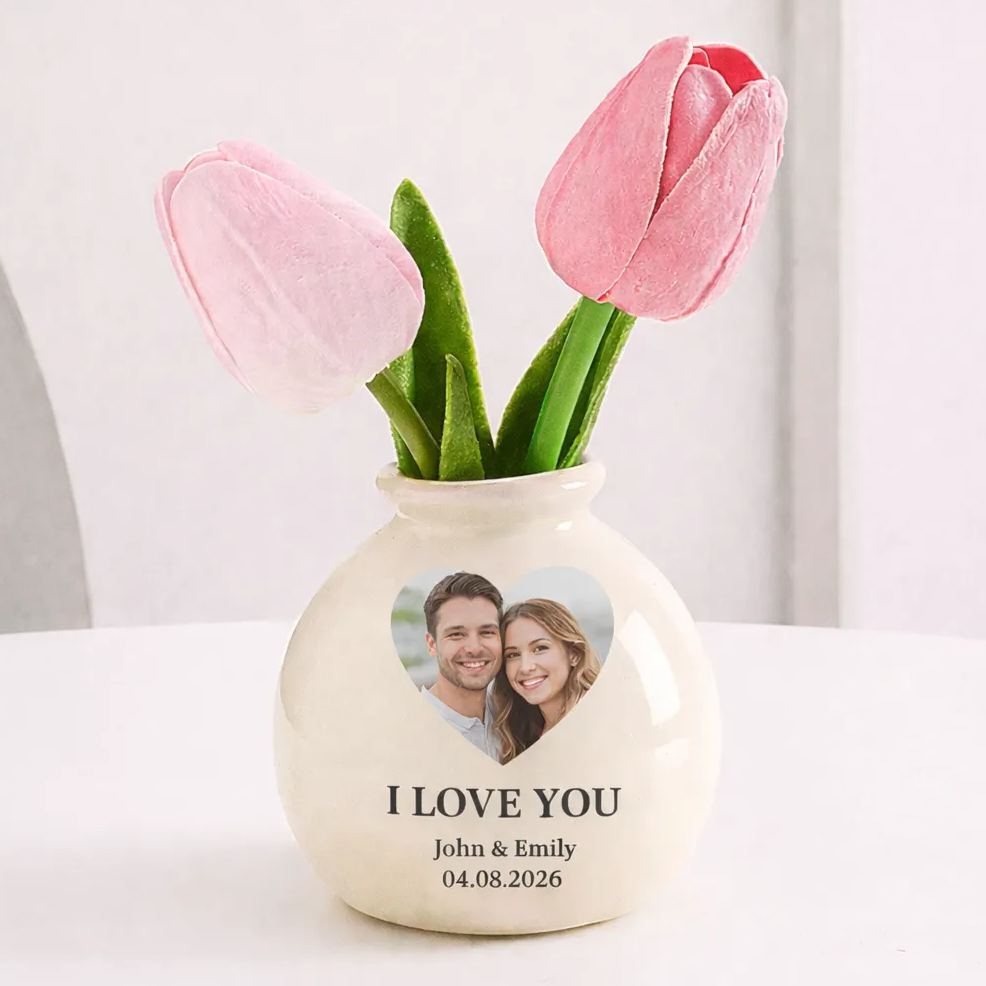 Cream Style Ceramic Mini Vase with Tulip Flowers – Aesthetic Minimalist Home Decor, Cute Small Flower Arrangement for Desk, Shelf & Gift