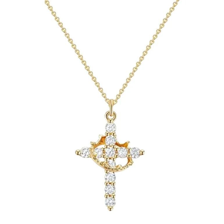 Dainty Crown Cross Necklace for Women, Copper-Based Silver-Plated Zircon Pendant, Perfect Mother's Day Gift for Mom