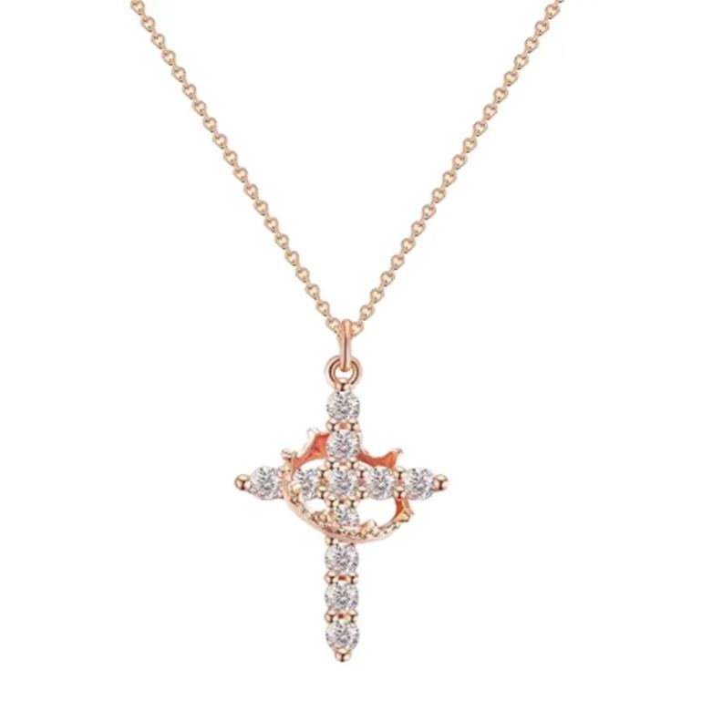 Dainty Crown Cross Necklace for Women, Copper-Based Silver-Plated Zircon Pendant, Perfect Mother's Day Gift for Mom