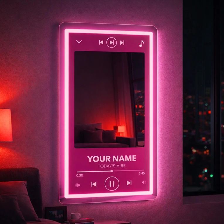 Custom Music Player Style Mirror Neon Sign,Music Display Screen with Mirror LED Light,Modern Aesthetic Bedroom Wall Decor Housewarming Gift