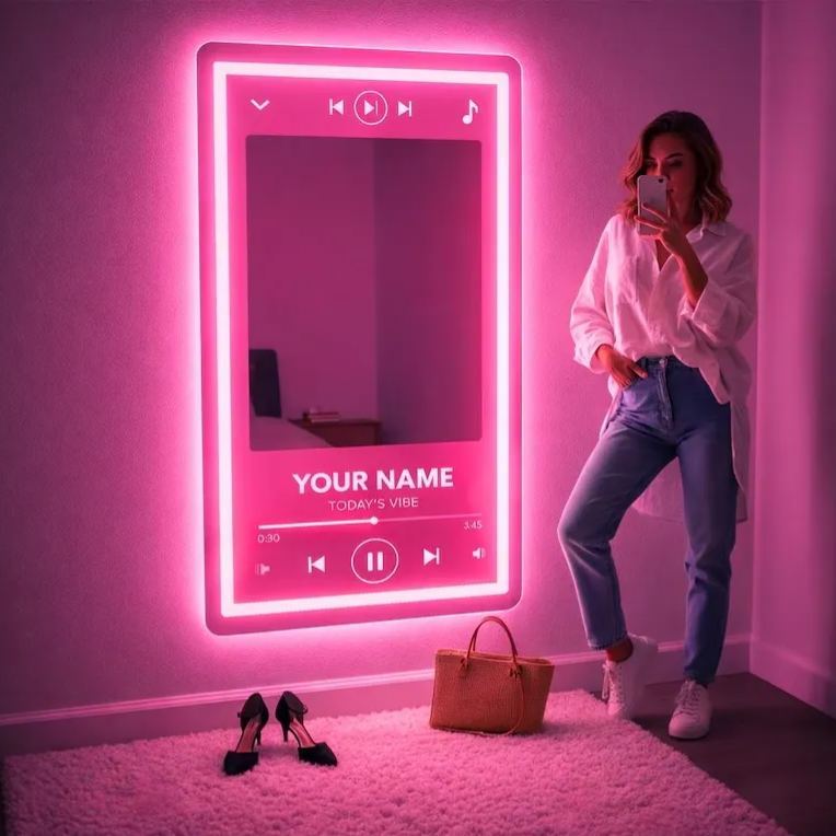 Custom Music Player Style Mirror Neon Sign,Music Display Screen with Mirror LED Light,Modern Aesthetic Bedroom Wall Decor Housewarming Gift