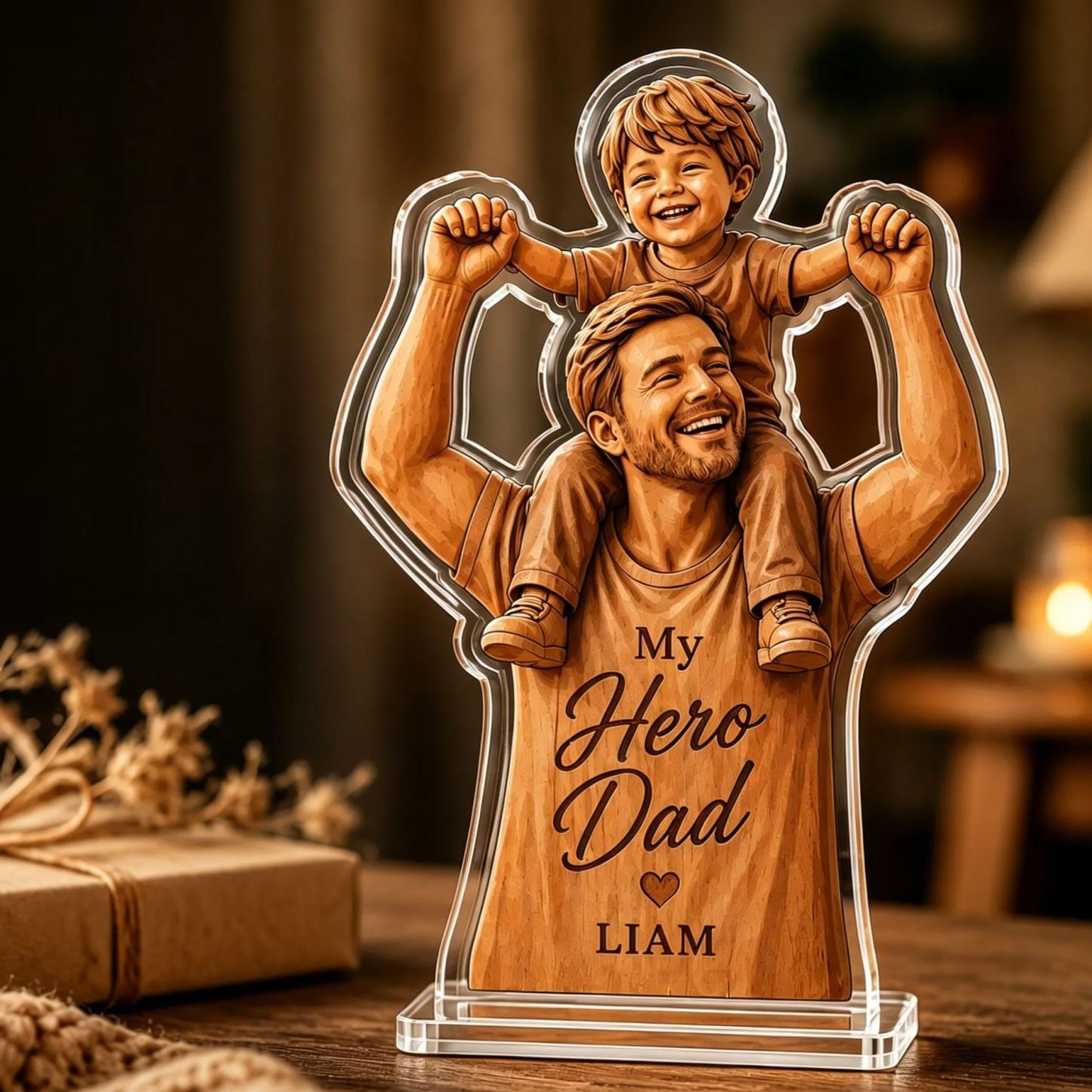 Personalized My Hero Dad 2D Acrylic Plaque, Custom Name Father Son Woodcut Style Keepsake, Thick Clear Acrylic Father’s Day Gift, Desk Decor for Dad