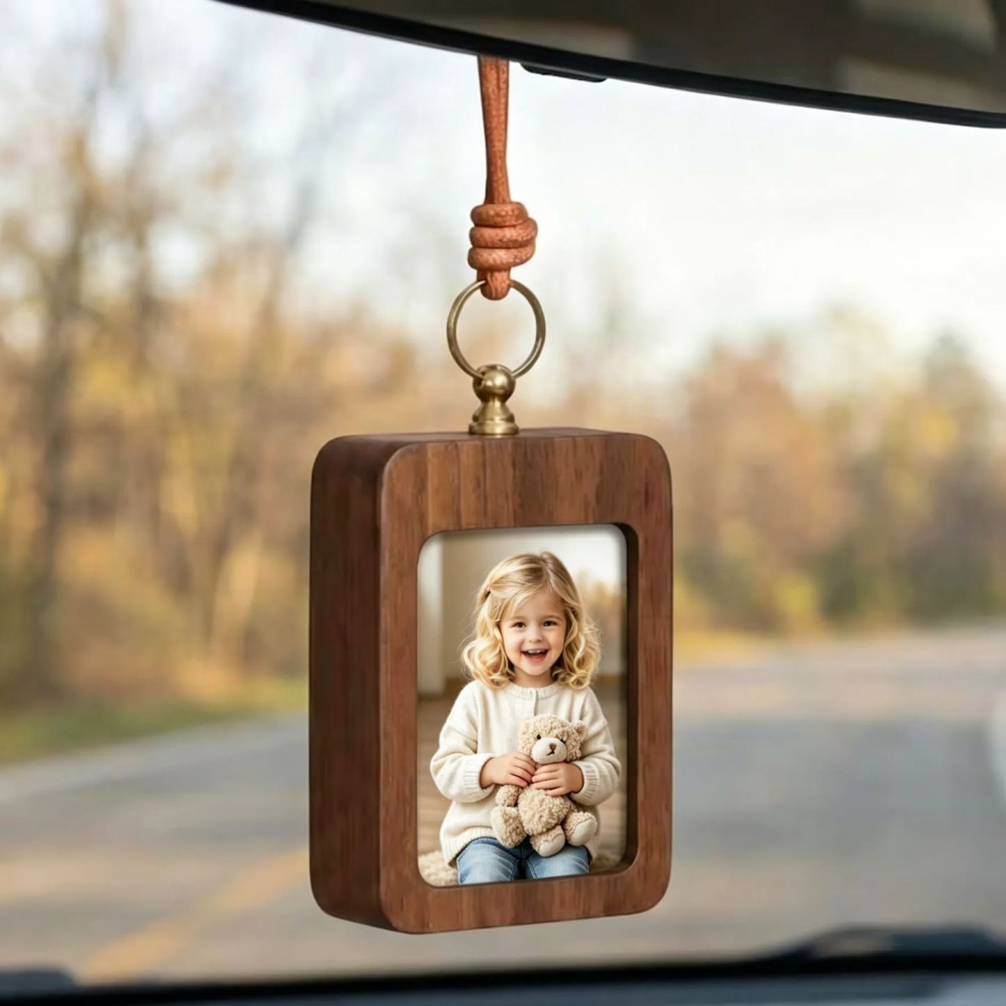 Personalized Walnut Photo Frame for Rear View Mirror Decoration | Anniversary gift for a couple, new family Fathers Day Gift