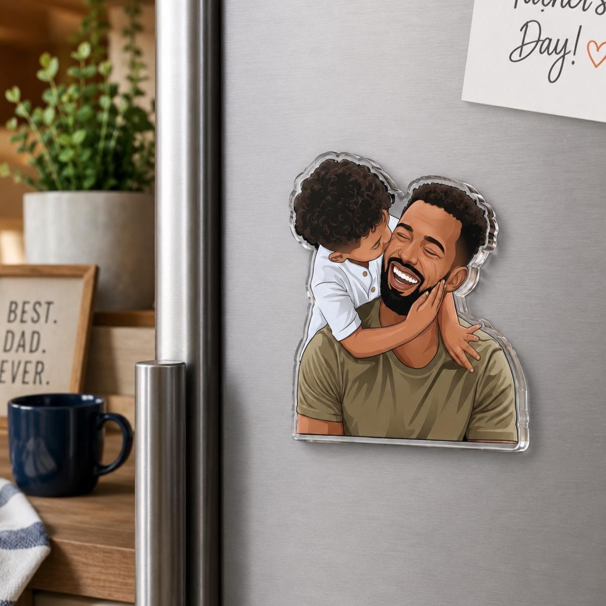 Personalized Portrait From Photo Dad And Kids Magnet: Custom Dad Photo Magnet, Fathers Day Gift For Dad, Gift For Husband, New Dad Gift - PhotoMoonLamp