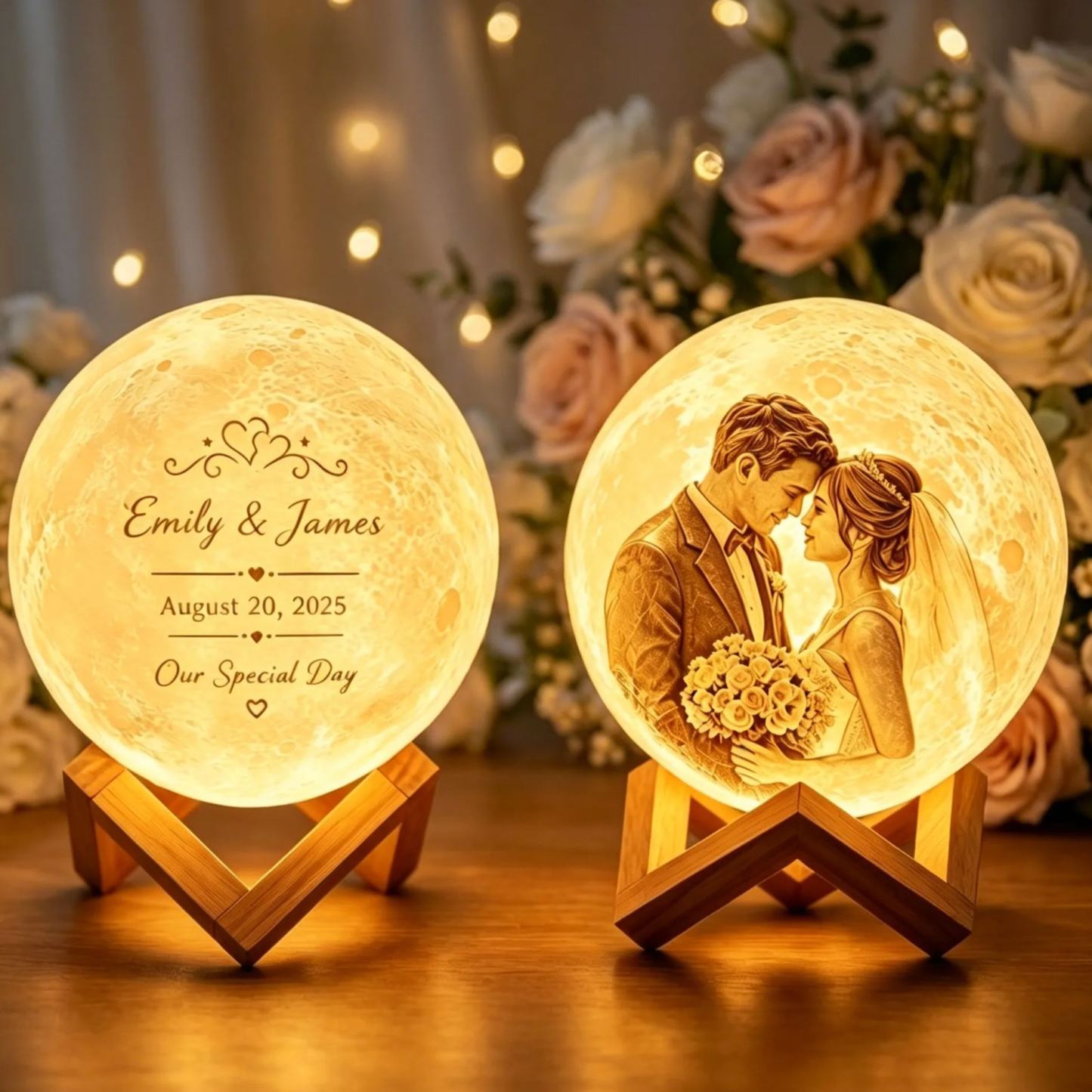 Custom Wedding Moon Lamp, Personalized Couple Photo Night Light, Engraved Lunar Calendar Lamp with Wedding Date, Unique Wedding Gift for Bride and Groom - PhotoMoonLamp