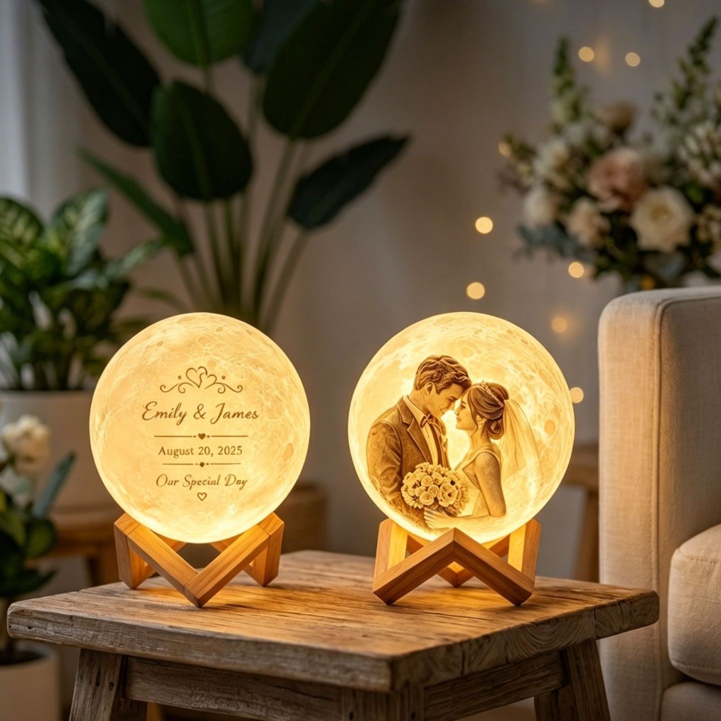 Custom Wedding Moon Lamp, Personalized Couple Photo Night Light, Engraved Lunar Calendar Lamp with Wedding Date, Unique Wedding Gift for Bride and Groom - PhotoMoonLamp