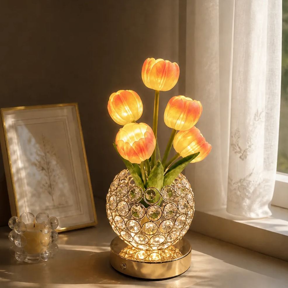 Crystal Tulip Lamp Luxury Crystal Tulip Night Light – Touch Control Rechargeable Table Lamp, Elegant Floral Bedside Lamp, Romantic Ambient Light for Bedroom & Living Room Decor