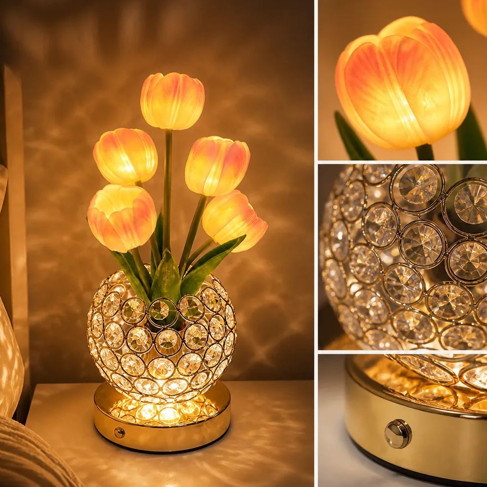 Crystal Tulip Lamp Luxury Crystal Tulip Night Light – Touch Control Rechargeable Table Lamp, Elegant Floral Bedside Lamp, Romantic Ambient Light for Bedroom & Living Room Decor