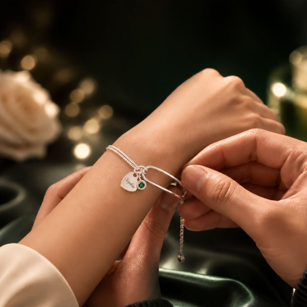 Birthstone Bracelet For Women, Birthstone Sterling Silver Bangle Bracelets, Birthday Jewellery Gift For Her