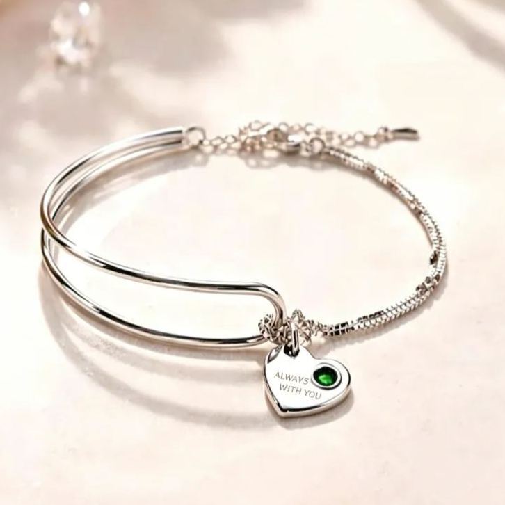 Birthstone Bracelet For Women, Birthstone Sterling Silver Bangle Bracelets, Birthday Jewellery Gift For Her