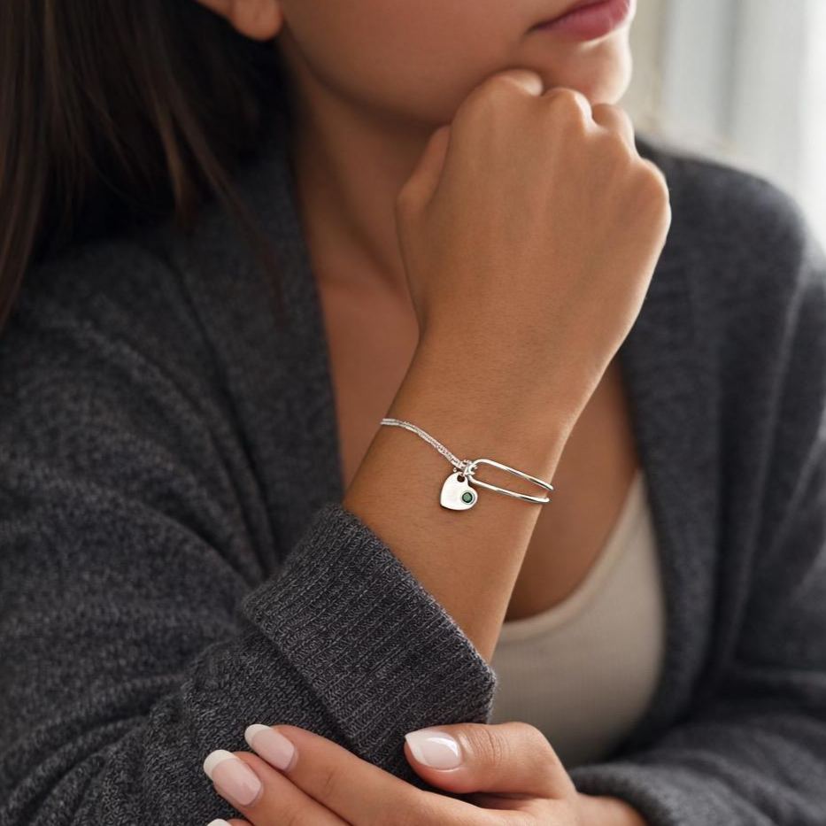 Birthstone Bracelet For Women, Birthstone Sterling Silver Bangle Bracelets, Birthday Jewellery Gift For Her