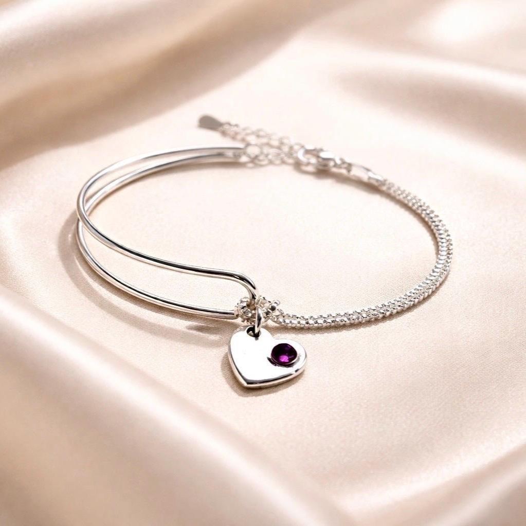 Birthstone Bracelet For Women, Birthstone Sterling Silver Bangle Bracelets, Birthday Jewellery Gift For Her