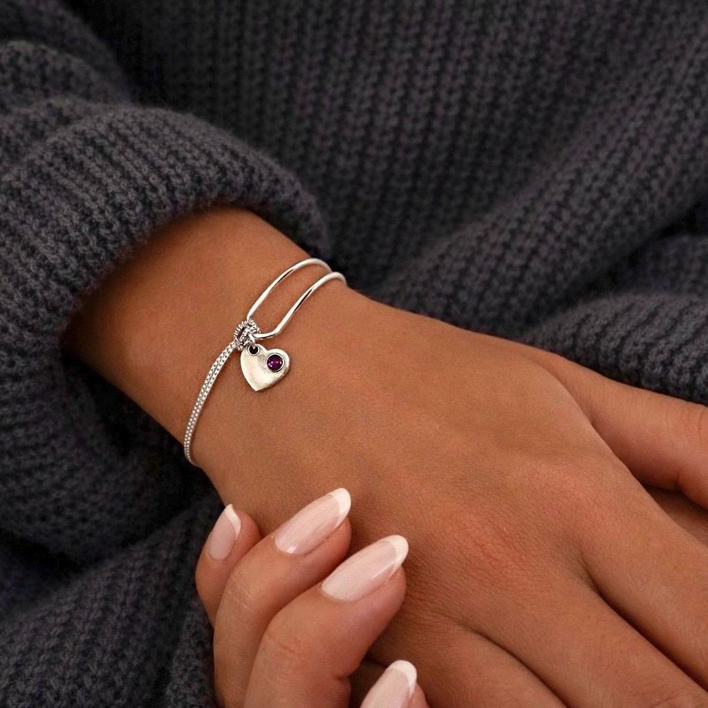 Birthstone Bracelet For Women, Birthstone Sterling Silver Bangle Bracelets, Birthday Jewellery Gift For Her