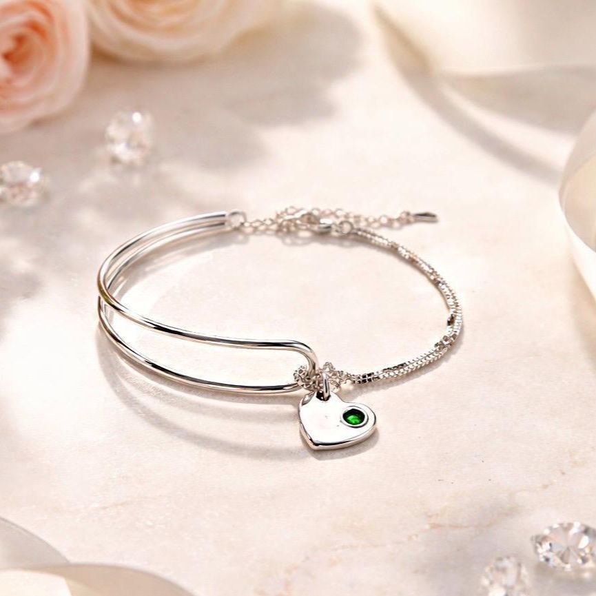 Birthstone Bracelet For Women, Birthstone Sterling Silver Bangle Bracelets, Birthday Jewellery Gift For Her