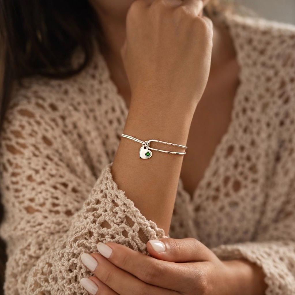 Birthstone Bracelet For Women, Birthstone Sterling Silver Bangle Bracelets, Birthday Jewellery Gift For Her