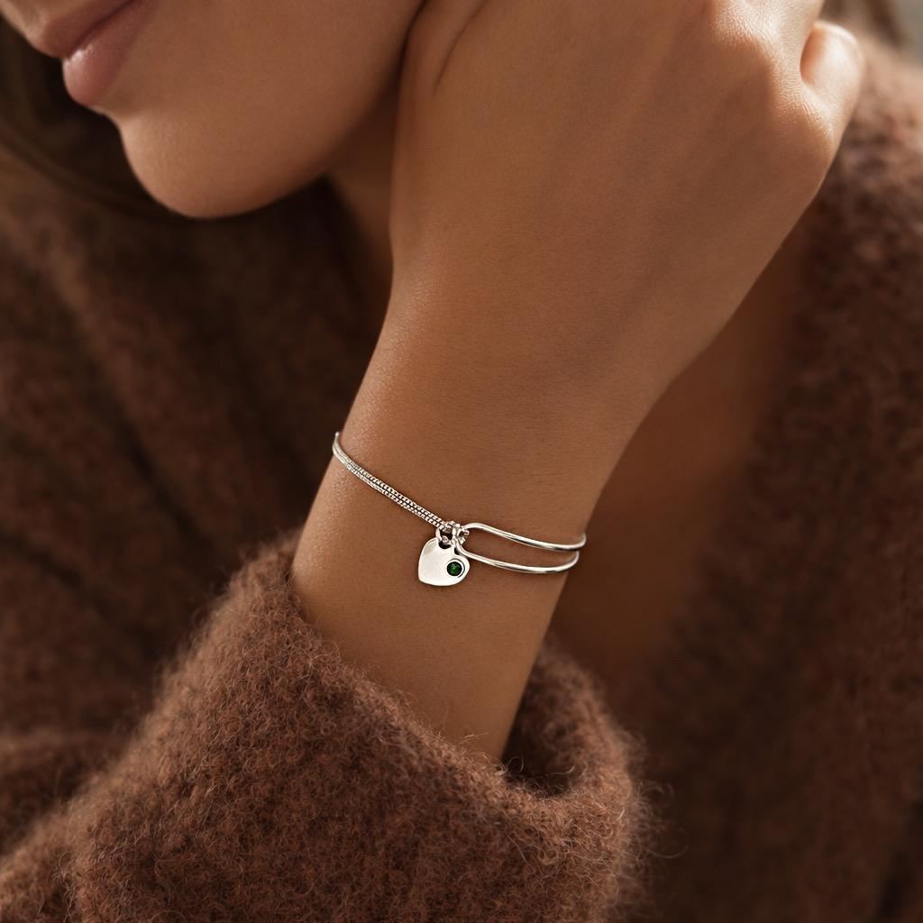 Birthstone Bracelet For Women, Birthstone Sterling Silver Bangle Bracelets, Birthday Jewellery Gift For Her