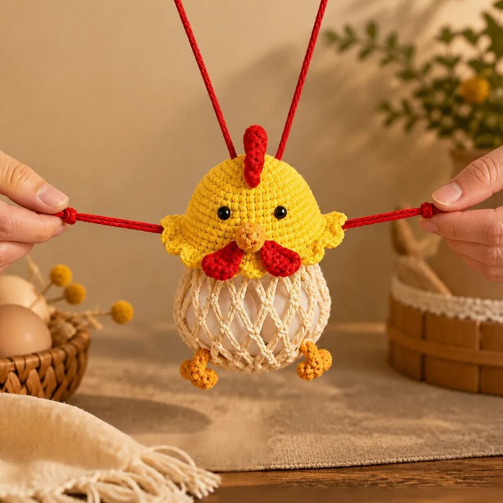 Crochet Chicken Egg Storage Pouch DIY Kit – Cute Pull-String Handmade Knitting Material Pack, Creative Hanging Ornament Gift Decor