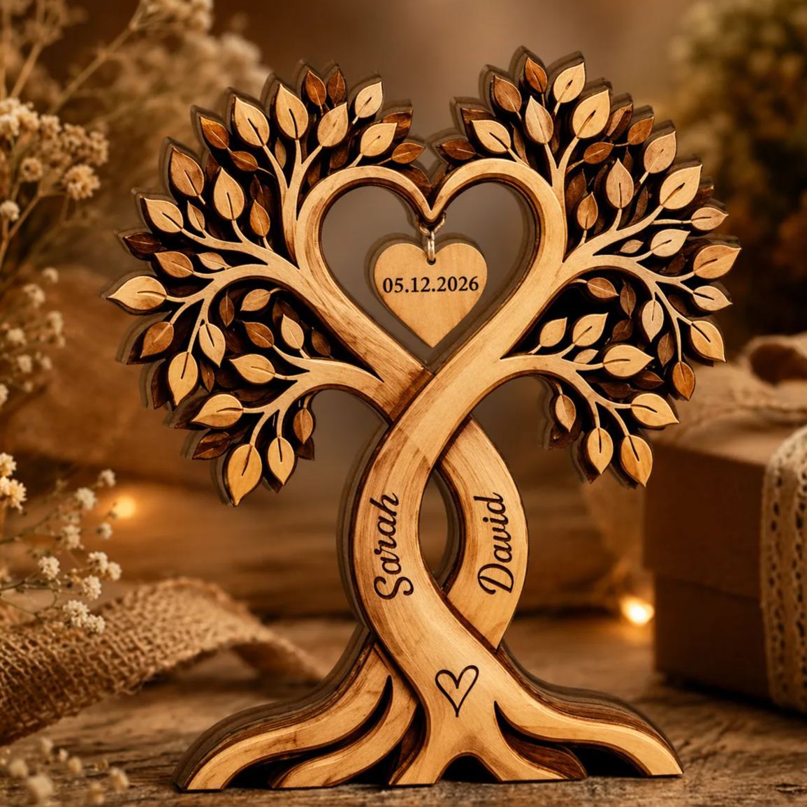 Personalized Tree of Hearts Wooden Block for Couples, Personalized Sign with Couple's Names, Valentine's Day Gift